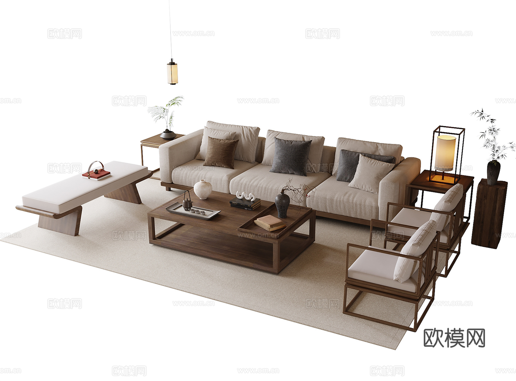 新中式沙发茶几组合su模型