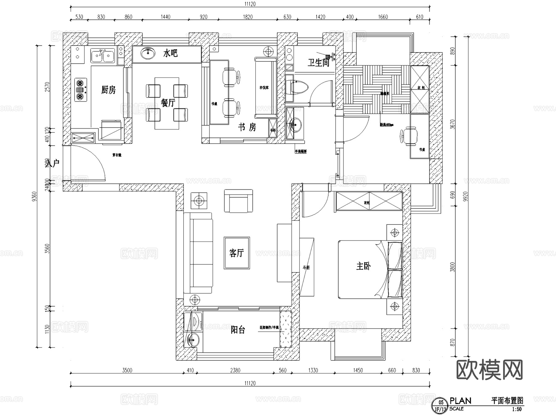 湖墅金典3#2605美式三室两厅室内家装CAD施工图cad施工图cad施工图