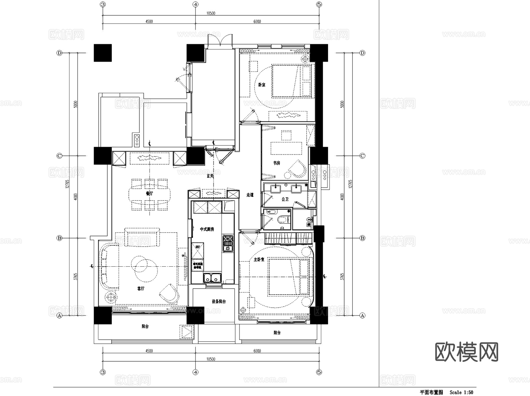 上海东樱C-3户型三室两厅样板房室内家装CAD施工图cad施工图