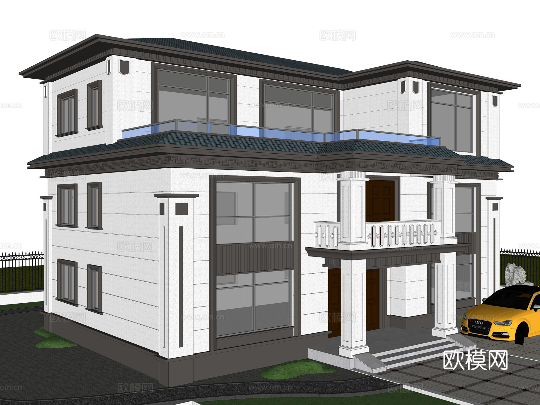 新中式轻奢独栋别墅 三层独栋别墅 新中式自建别墅 中式庭院3d模型下载（渲染图5）