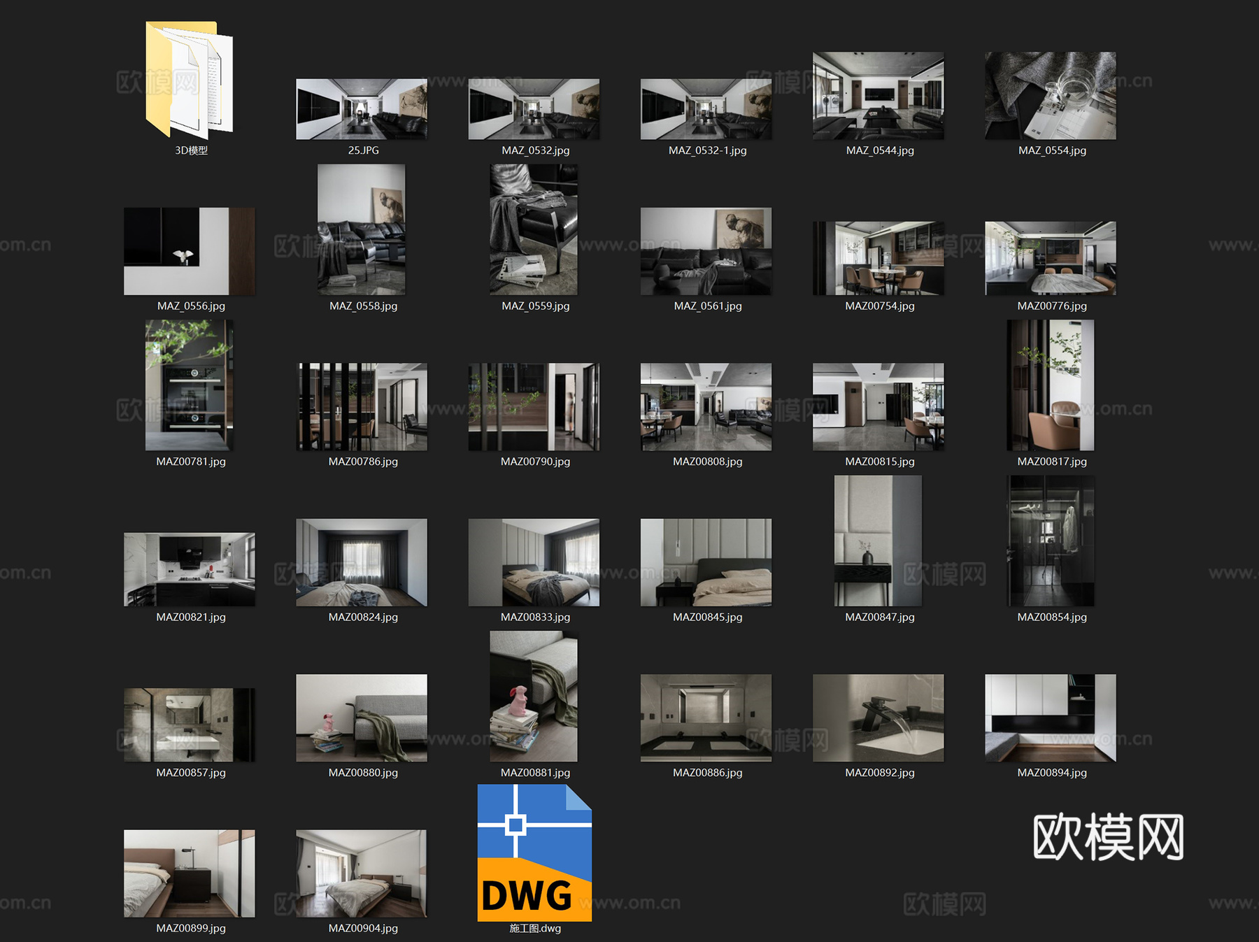 现代三室两厅平层室内家装CAD施工图+3Dmax模型cad施工图