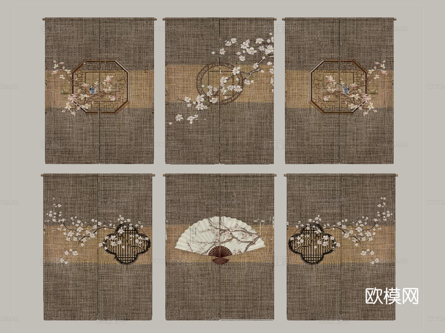 新中式窗帘 门帘 布帘su模型