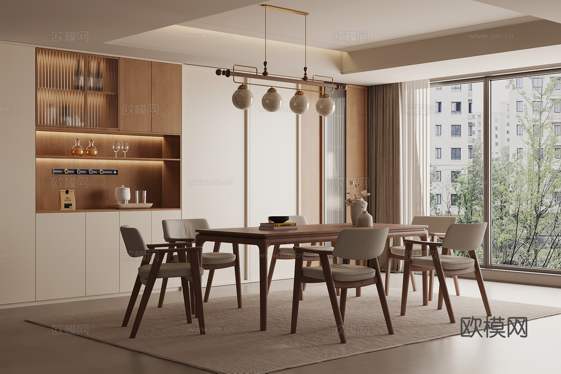 中古风餐厅 餐桌椅 酒柜su模型