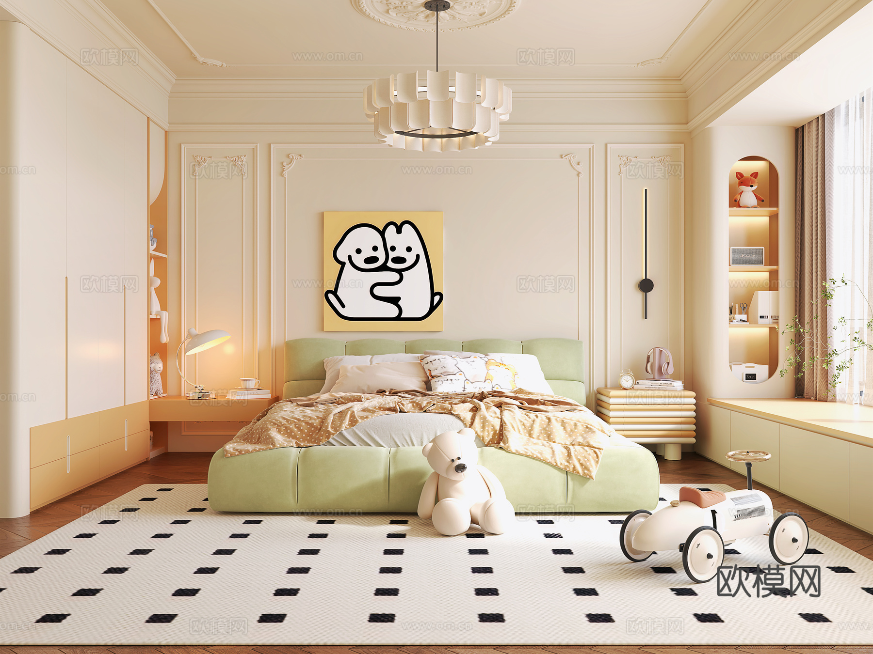 法式儿童床 布艺儿童床 床头柜 卧室吊灯 儿童房衣柜 儿童玩su模型