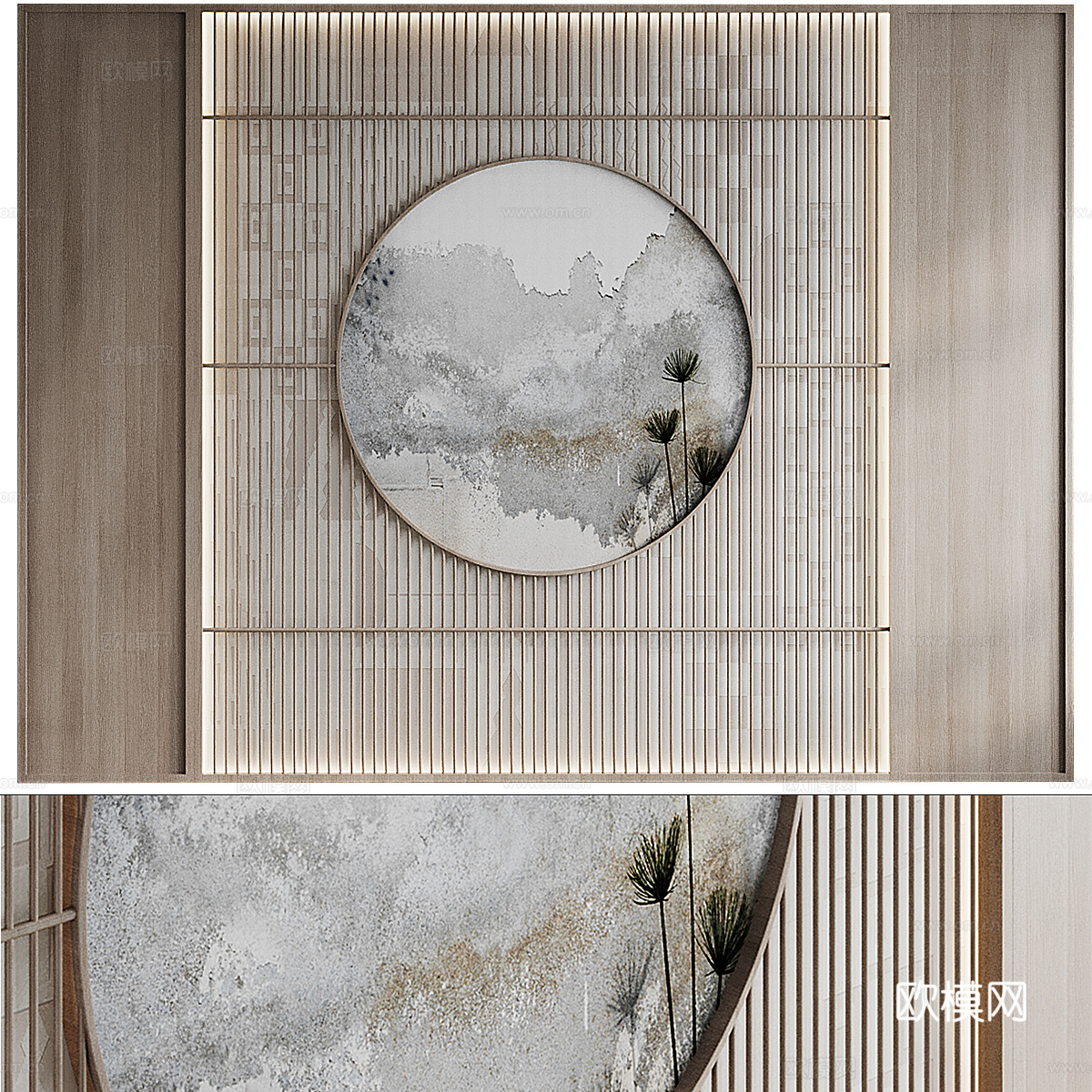 新中式原木背景墙 装饰墙板3d模型下载（渲染图1）