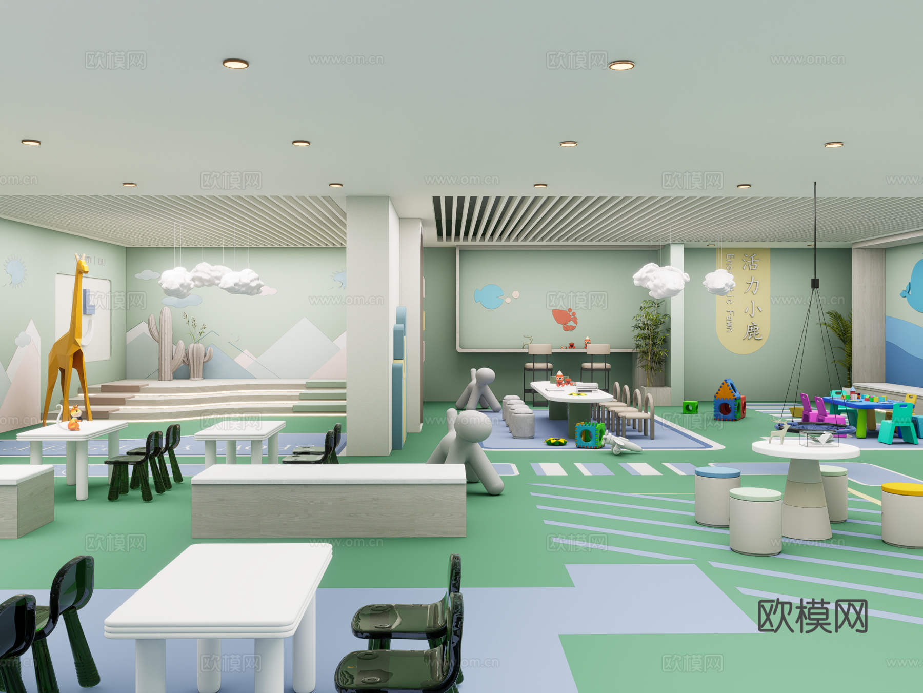 现代室内儿童活动空间 儿童桌椅 儿童休闲区 儿童桌椅su模型