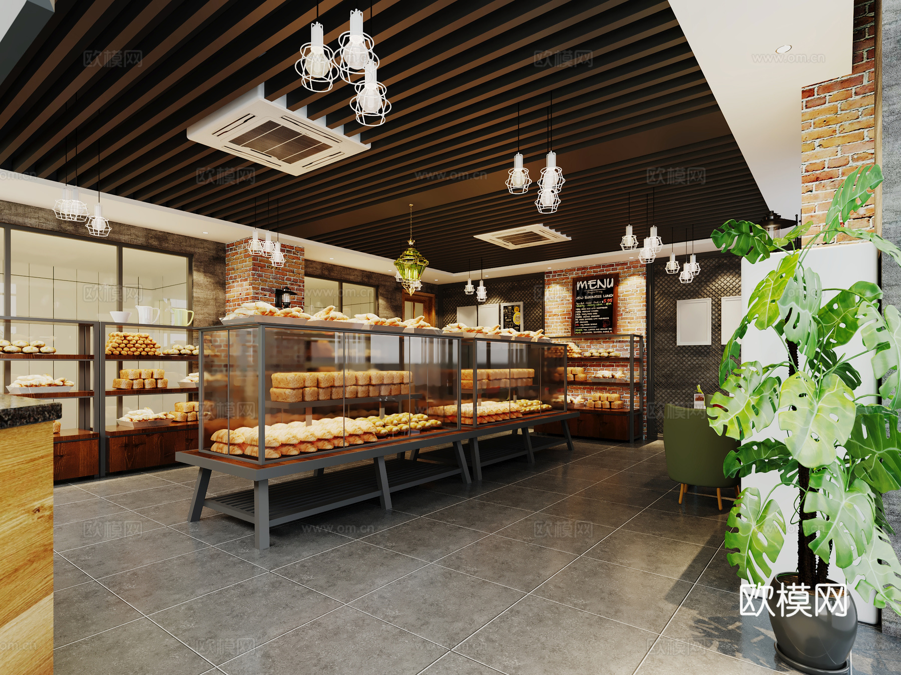 工业风面包店 植物 绿植 面包 面包店 展示柜 小吊灯3d模型下载（渲染图1）