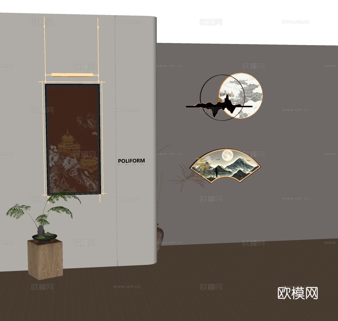 新中式禅意挂画 山水画 花鸟国画 书房挂画 办公室挂画 办公su模型