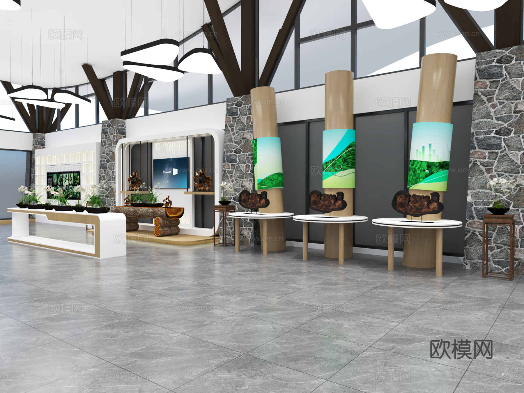 现代生态展厅展墙 绿色展厅文化墙 林业展厅 自然科普展厅3d模型下载