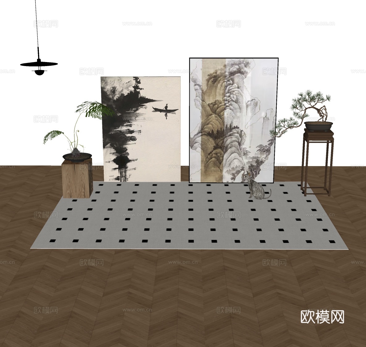 新中式禅意挂画 山水画 花鸟国画 书房挂画 办公室挂画 办公su模型