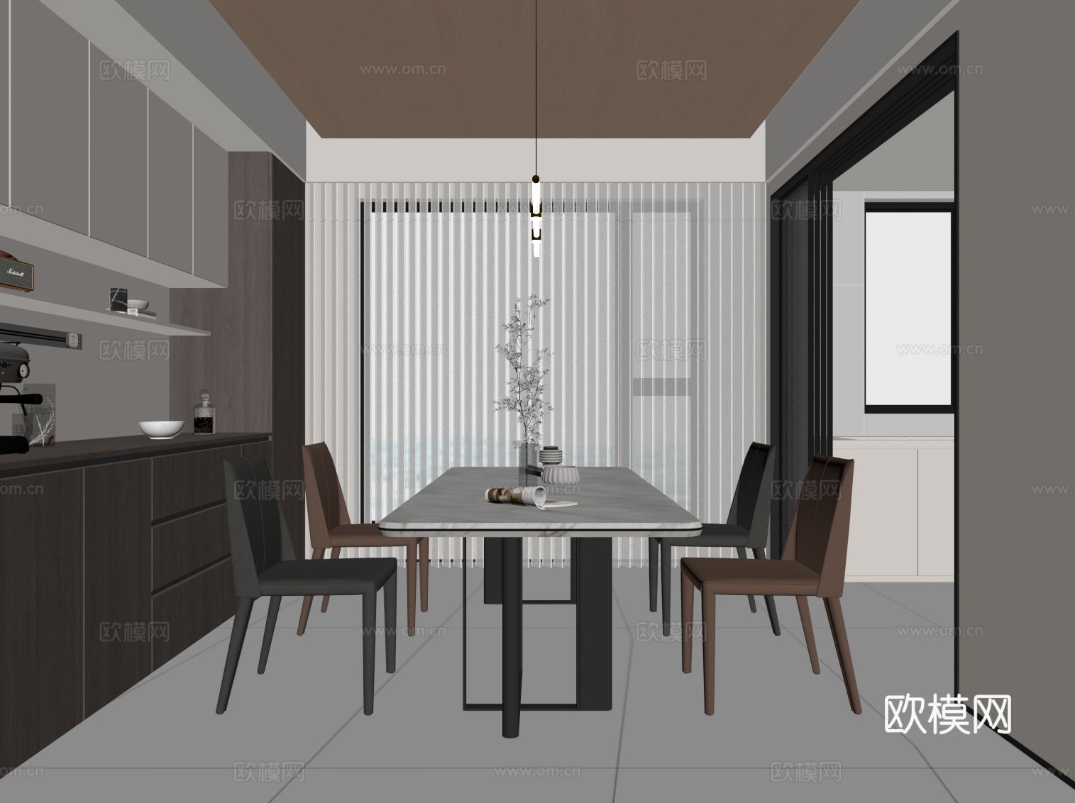 现代餐厅 餐桌椅 酒柜 餐边柜su模型