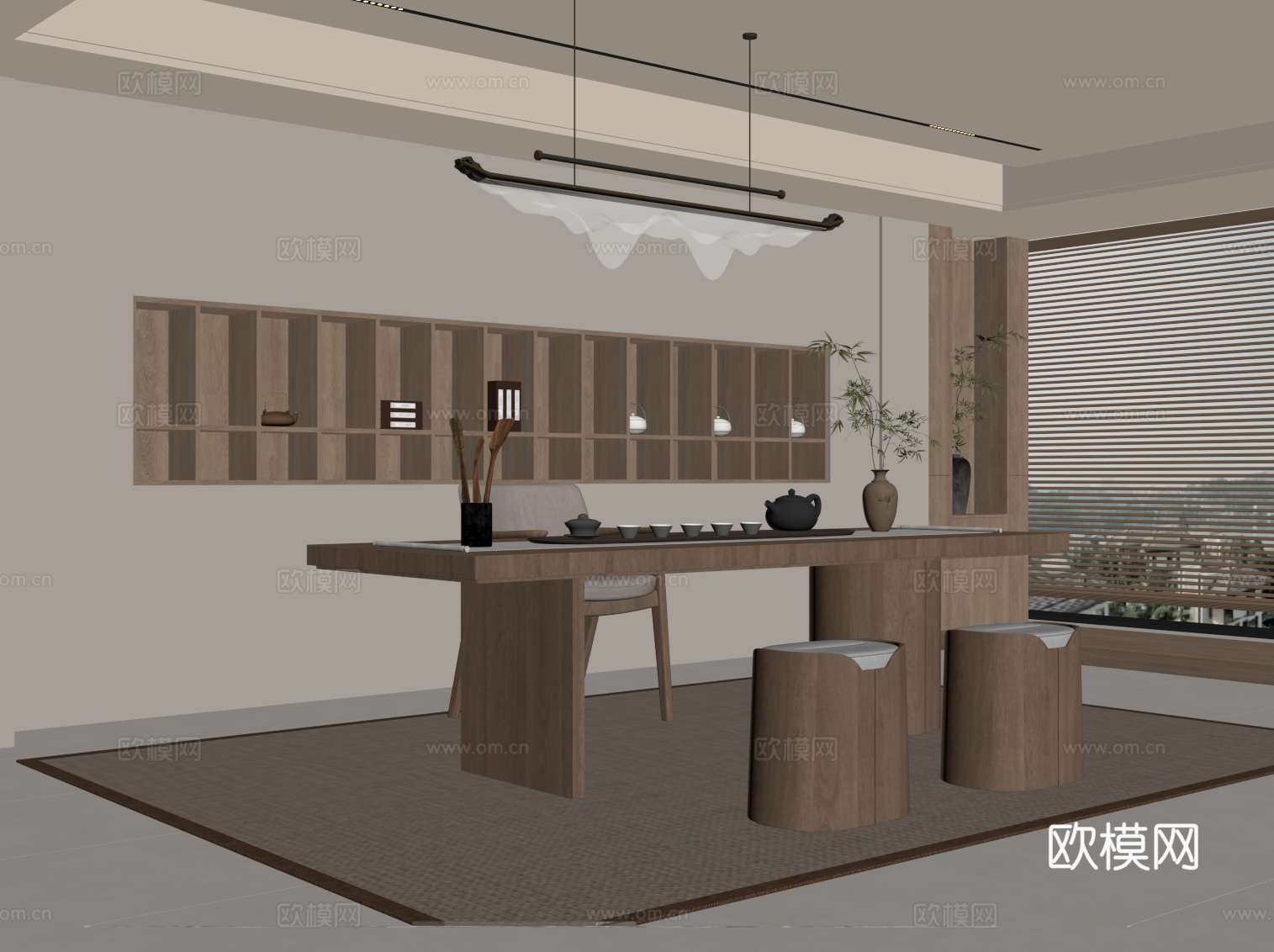 新中式茶室 茶桌椅 茶柜 背景墙su模型