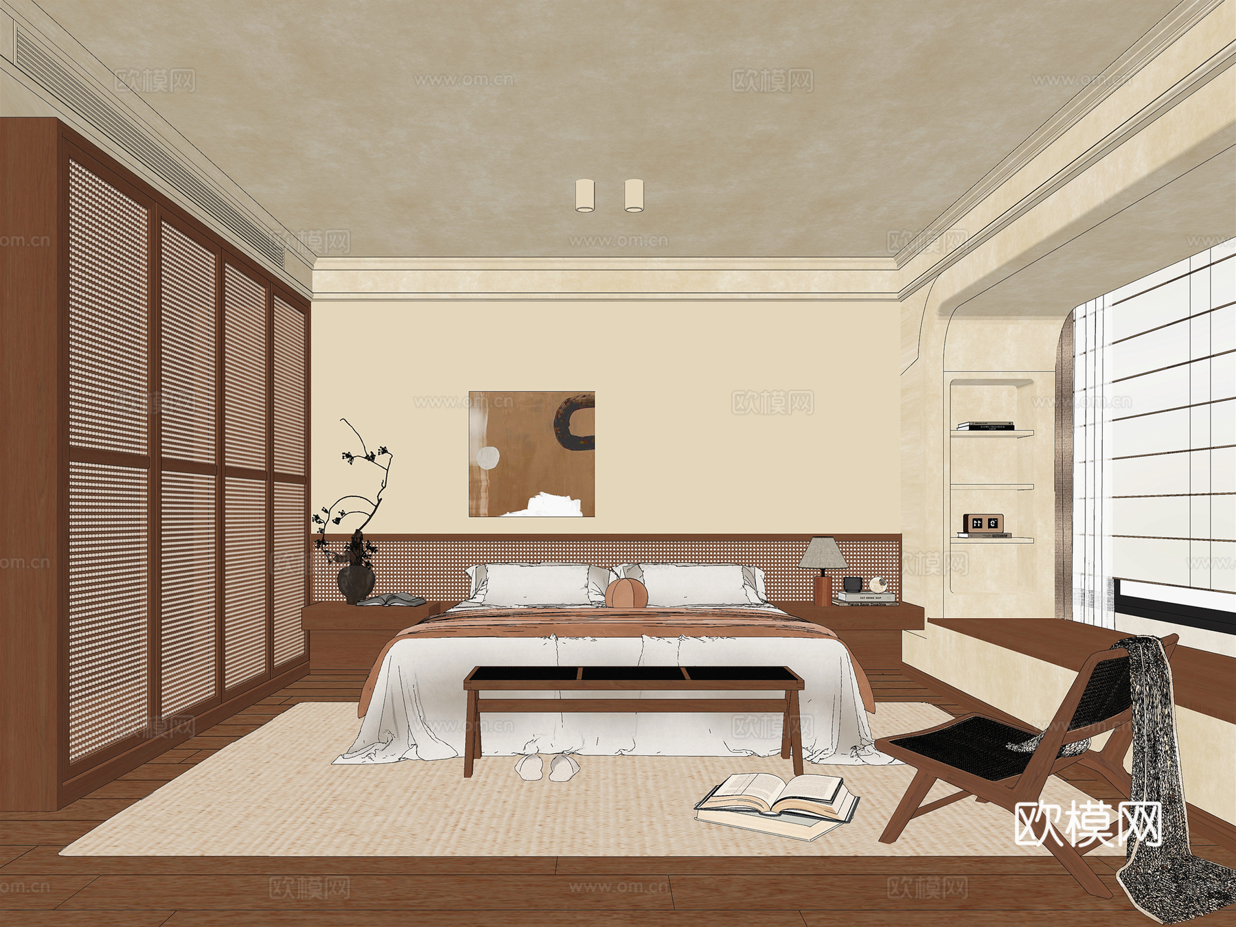 现代中古风卧室 布艺双人床 中古风衣柜 休闲椅 中古风摆件su模型su模型