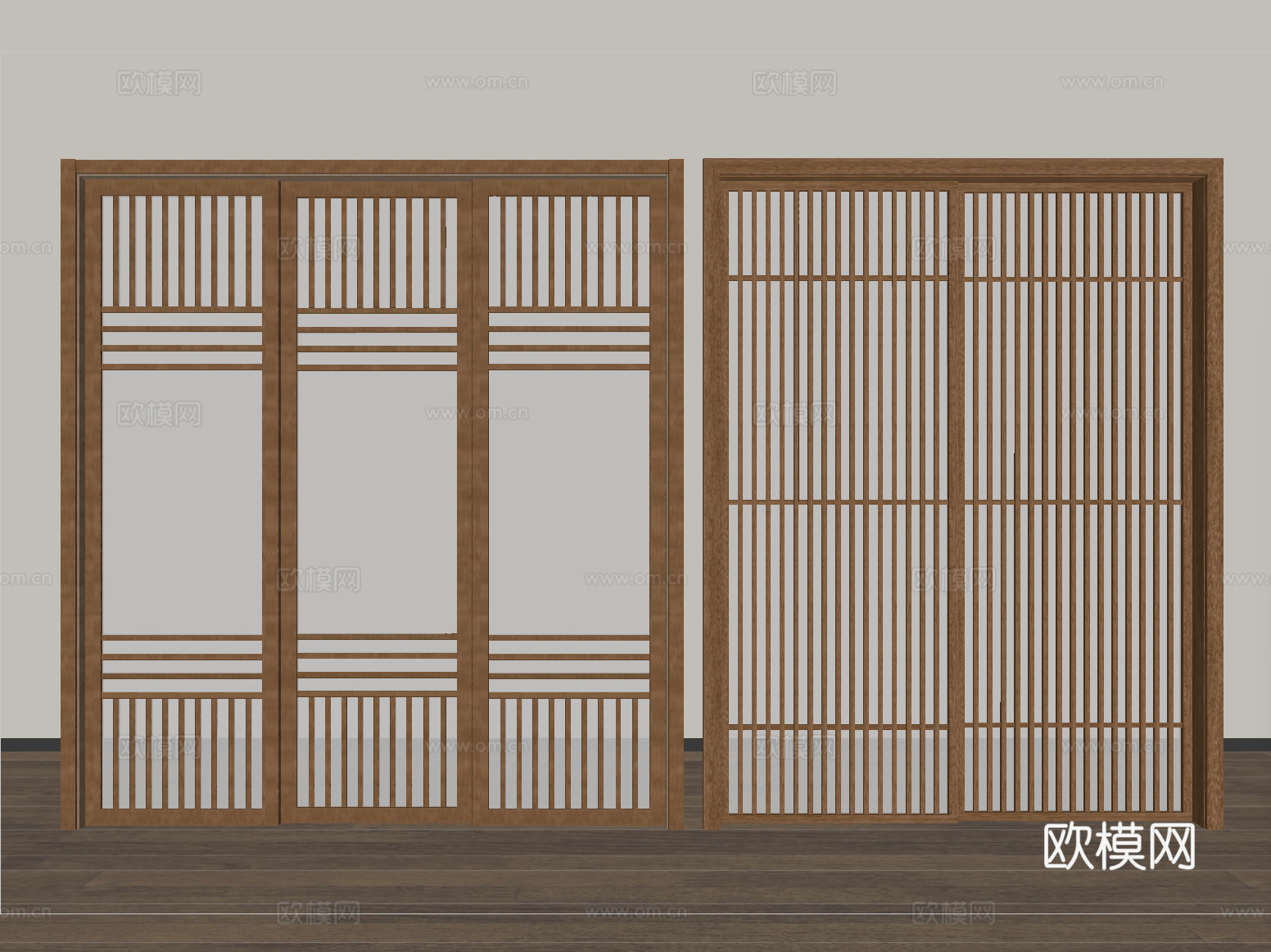 中古风推拉门 格栅门 木材su模型