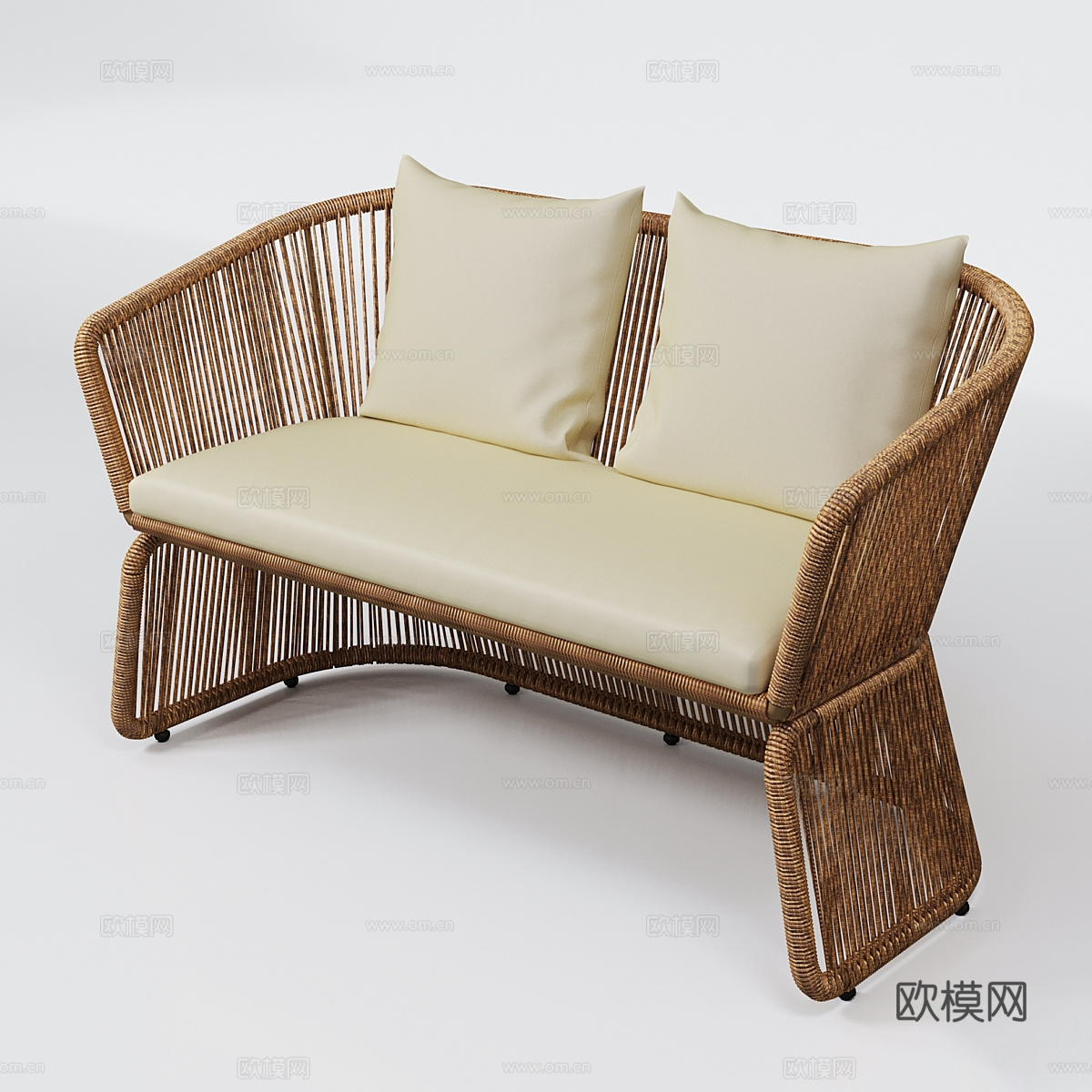 新中式侘寂 Saint-Tropez 柳条米色双人沙发3d模型下载（渲染图3）
