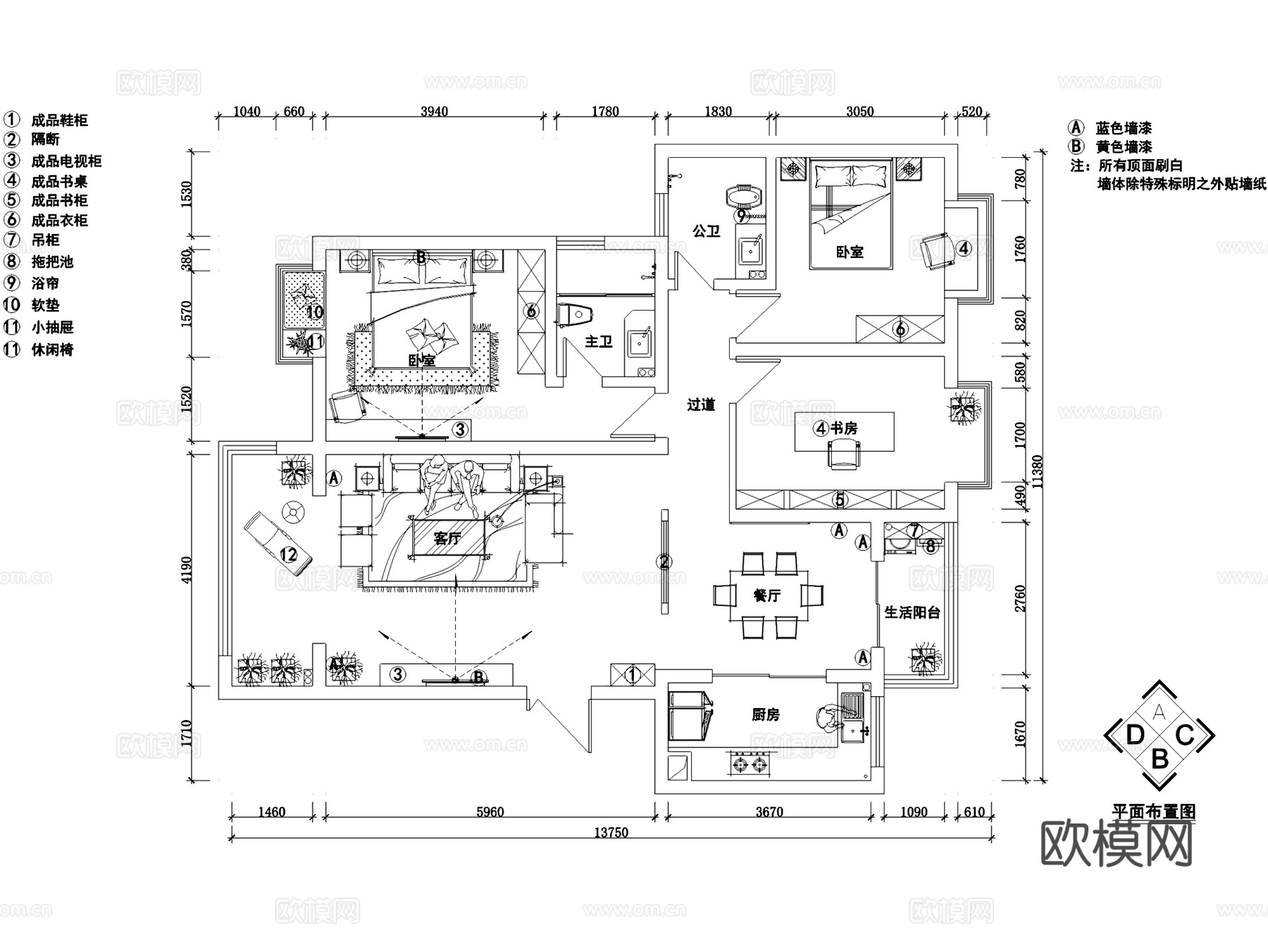 新中式三室两厅两卫室内家装CAD施工图cad施工图