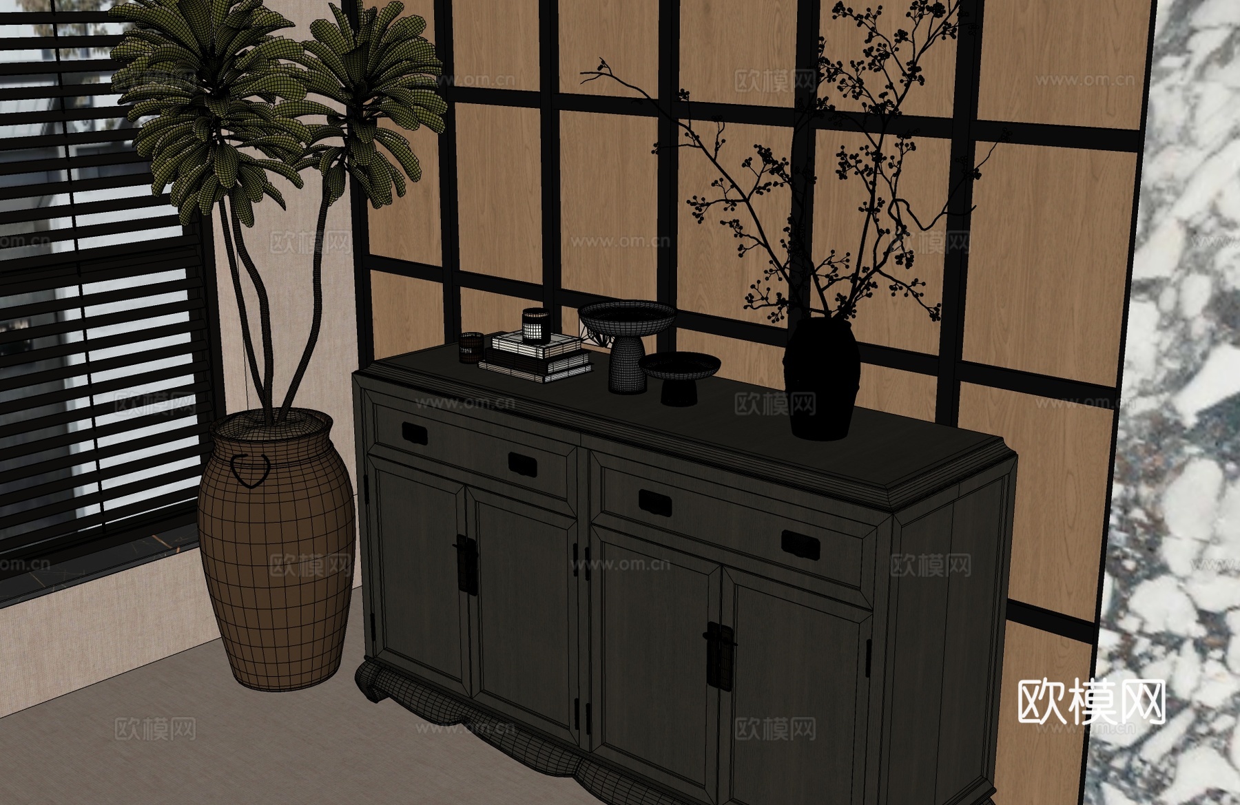 新中式玄关柜 新中式边柜 宋氏边柜 宋氏玄关柜su模型