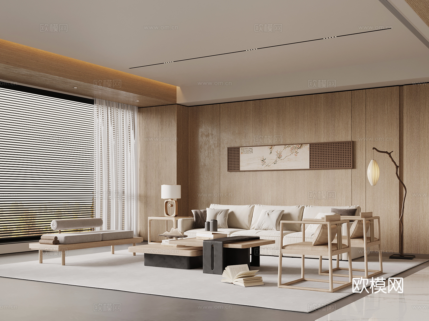 新中式客厅 沙发茶几组合 背景墙su模型