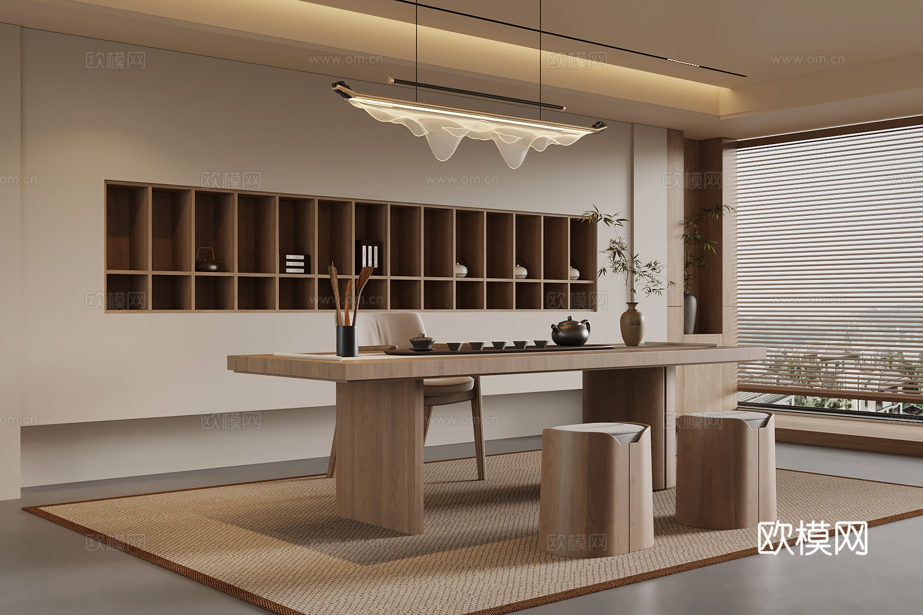新中式茶室 茶桌椅 茶柜 背景墙su模型