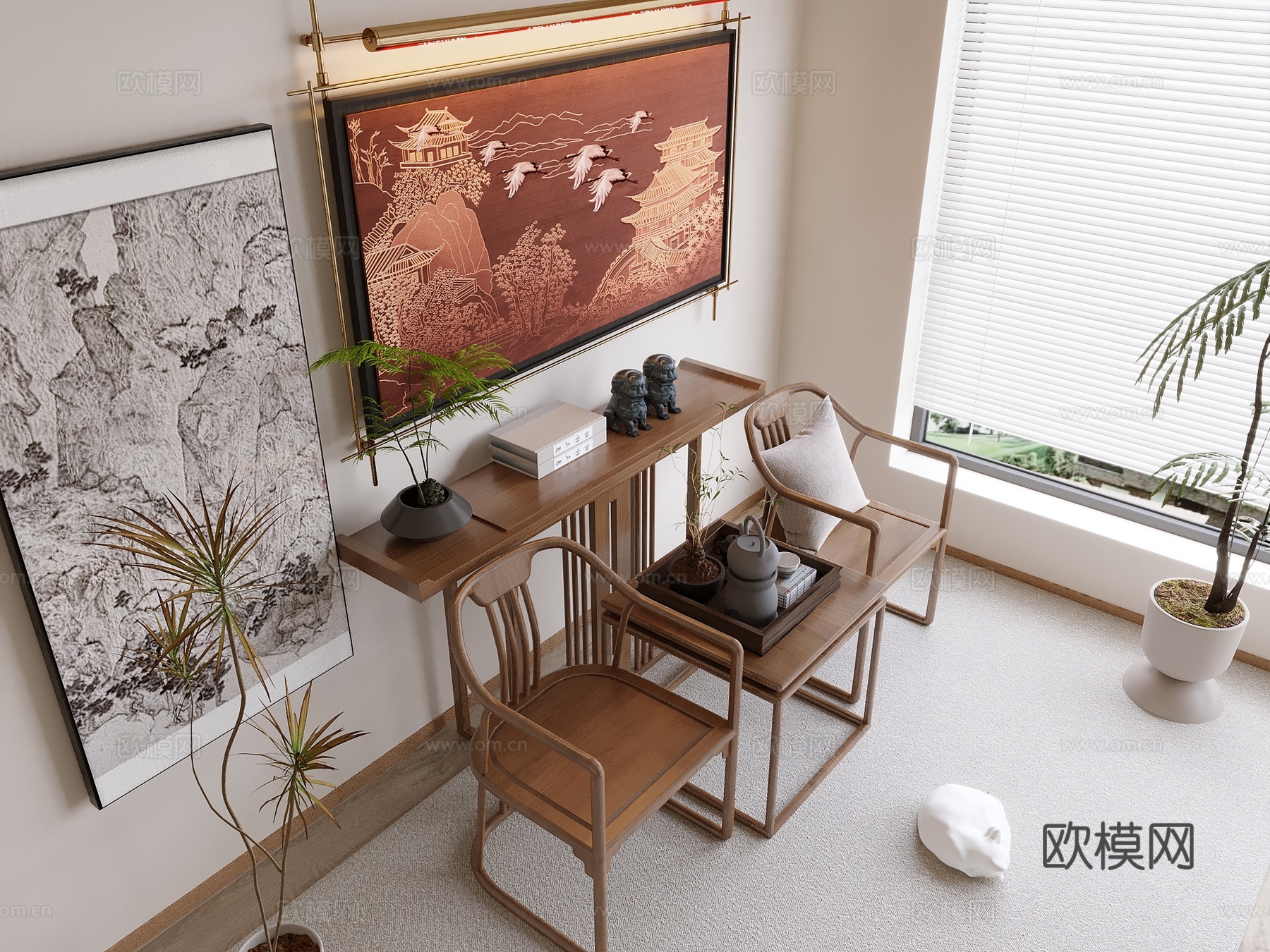 新中式禅意挂画 山水画 花鸟国画 书房挂画 办公室挂画 办公su模型