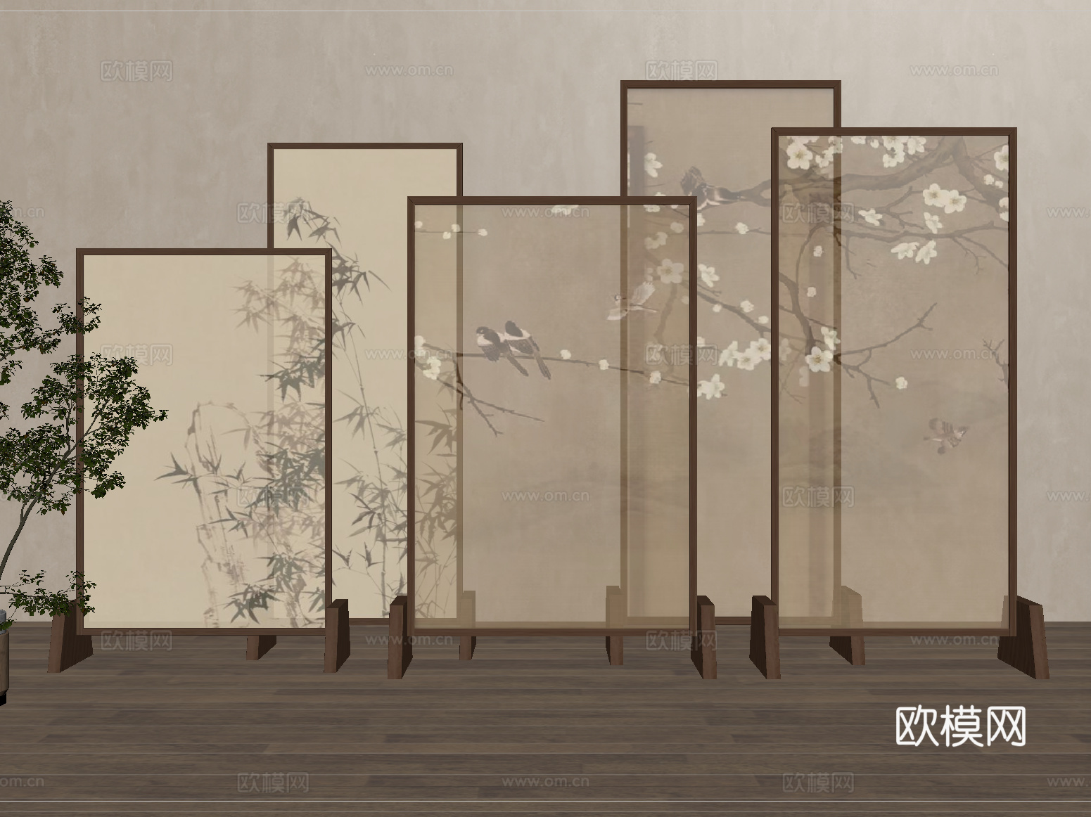 新中式屏风隔断 木屏风su模型