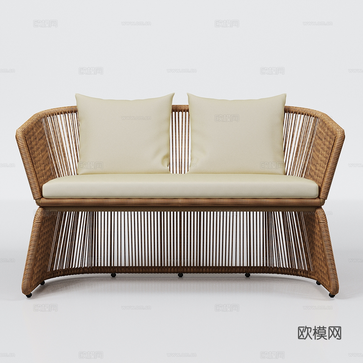 新中式侘寂 Saint-Tropez 柳条米色双人沙发3d模型下载（渲染图2）