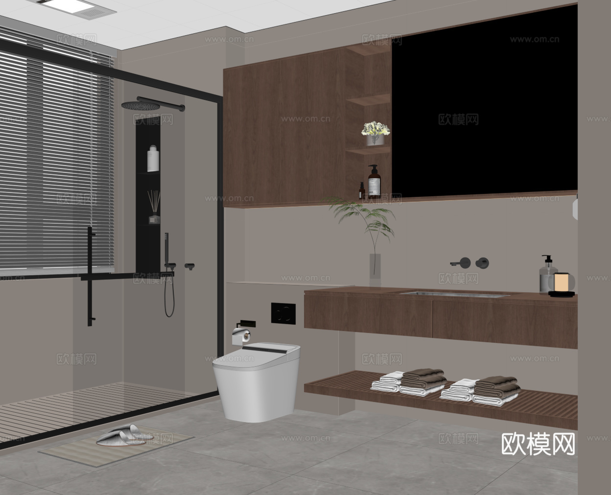 中古风卫生间 浴室柜 马桶  淋浴su模型