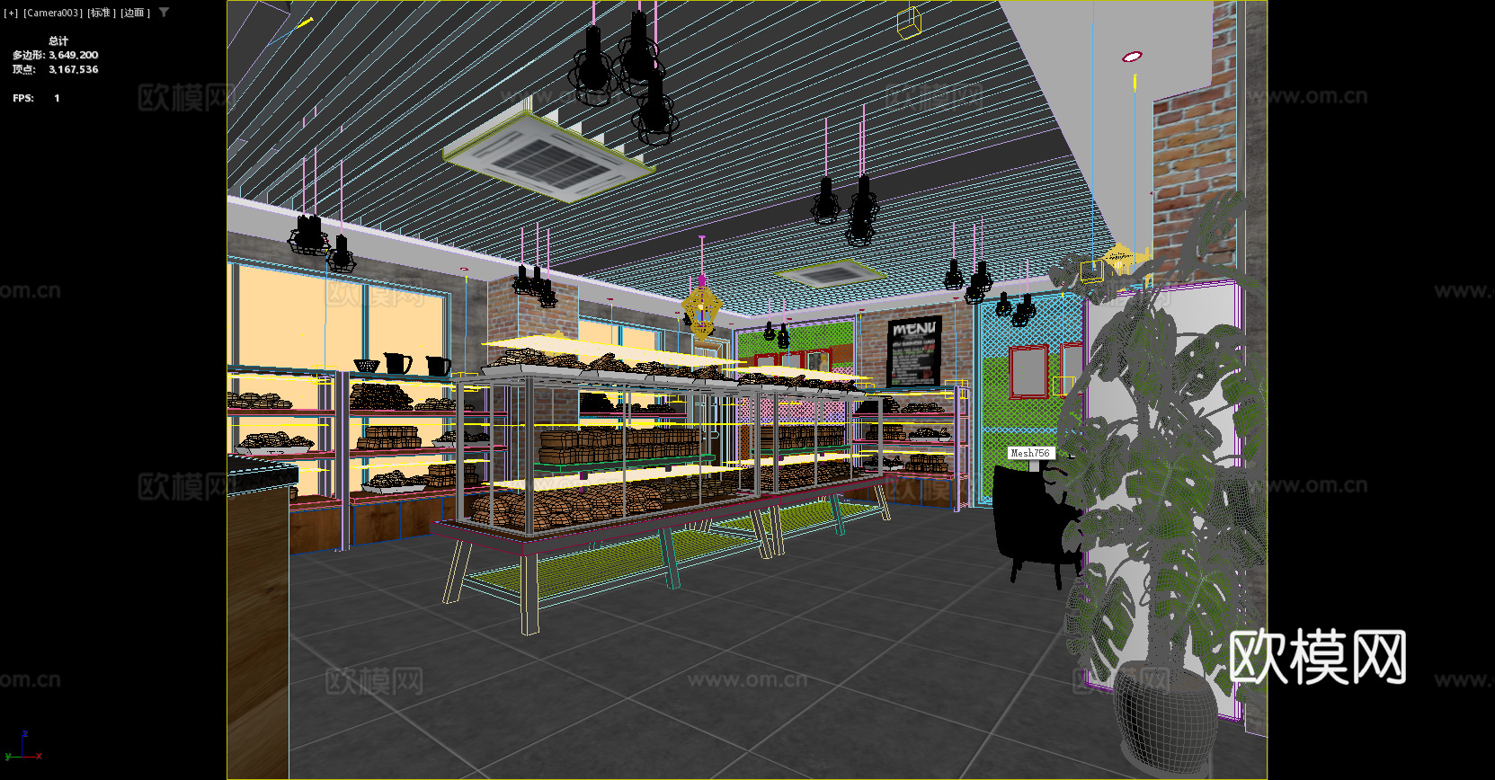 工业风面包店 植物 绿植 面包 面包店 展示柜 小吊灯3d模型下载（渲染图4）
