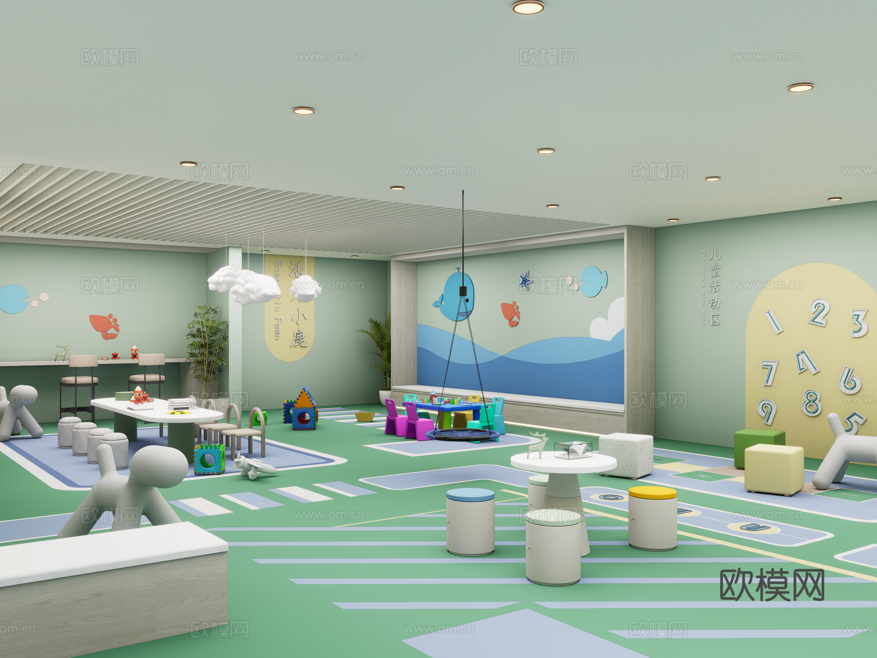 现代室内儿童活动空间 儿童桌椅 儿童休闲区 儿童桌椅3d模型下载（渲染图3）
