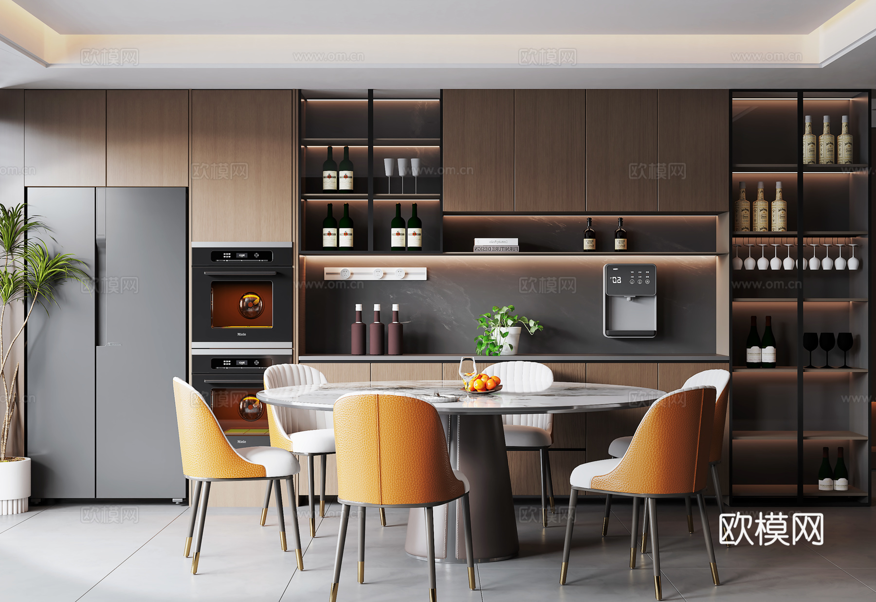 意式现代餐厅 餐桌椅 餐边柜 绿植盆栽su模型