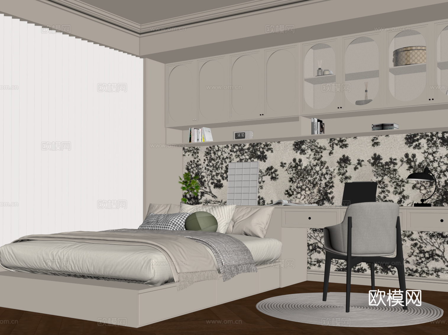 法式榻榻米卧室 双人床 书桌柜su模型