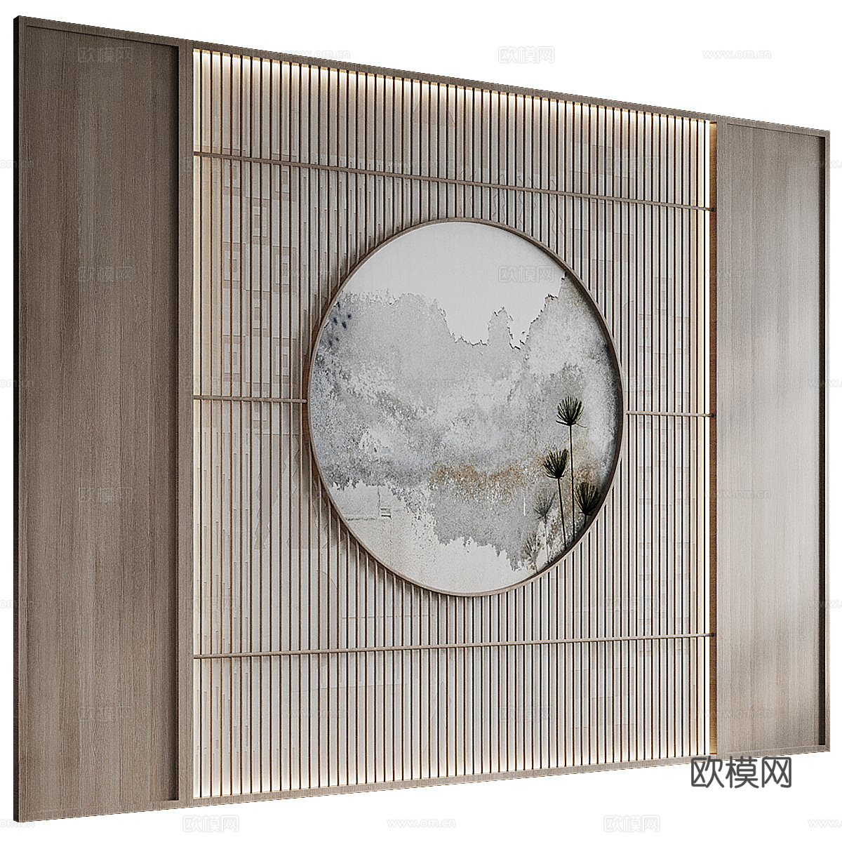 新中式原木背景墙 装饰墙板3d模型下载（渲染图2）