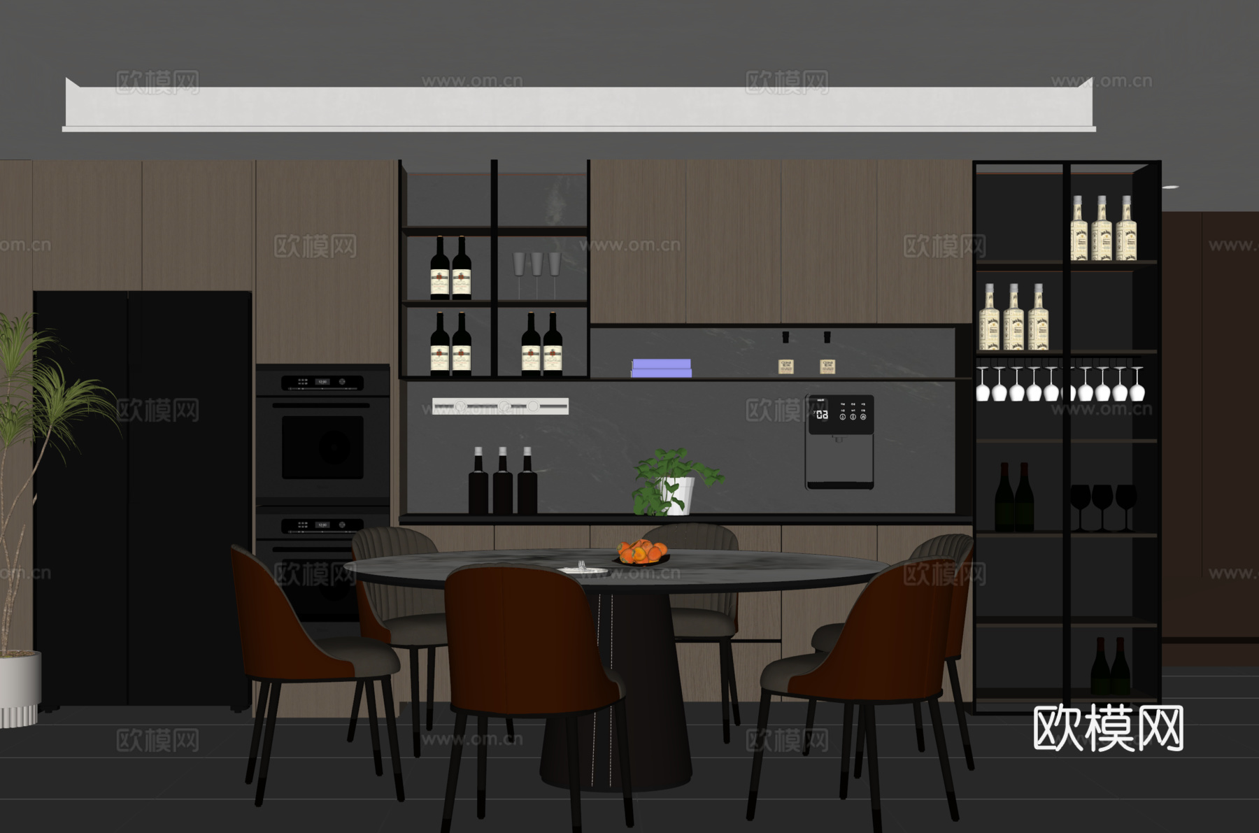 意式现代餐厅 餐桌椅 餐边柜 绿植盆栽su模型