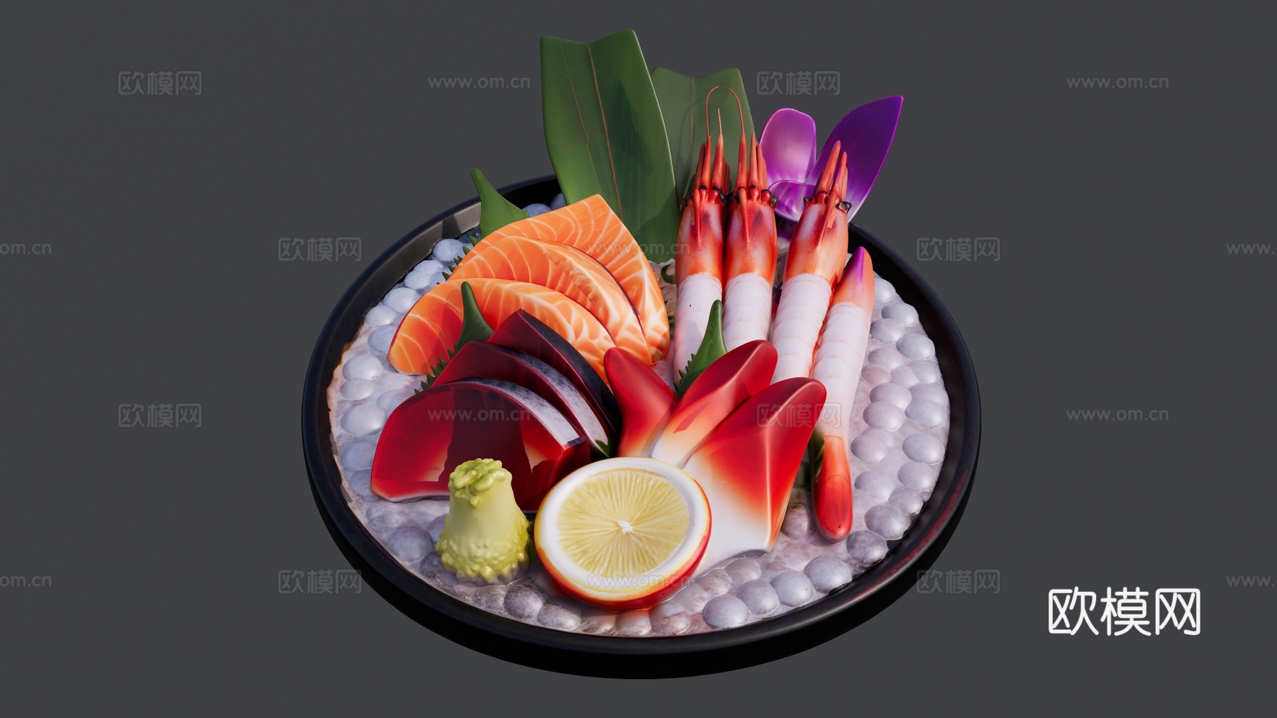 一盘虾和鱼的海鲜拼盘su模型