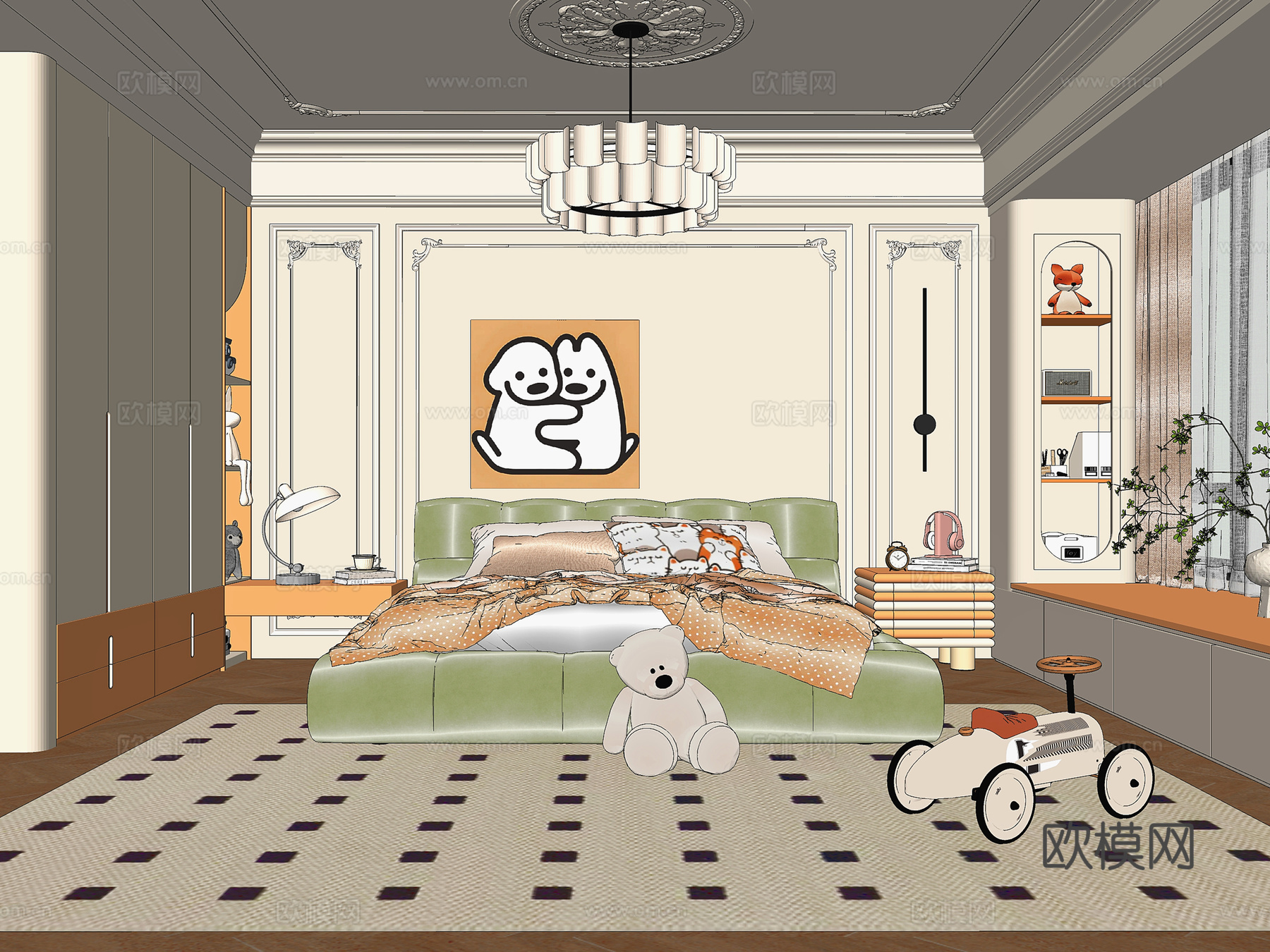 法式儿童床 布艺儿童床 床头柜 卧室吊灯 儿童房衣柜 儿童玩su模型
