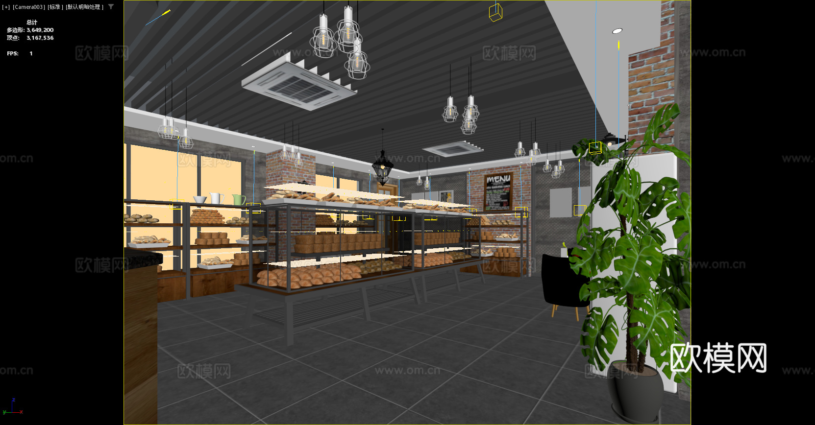 工业风面包店 植物 绿植 面包 面包店 展示柜 小吊灯3d模型下载（渲染图3）