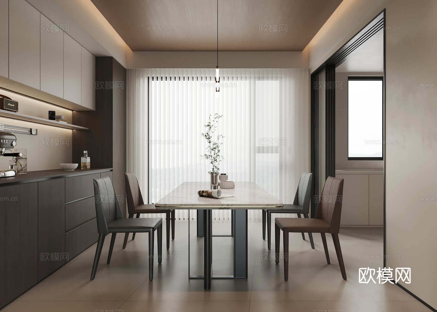 现代餐厅 餐桌椅 酒柜 餐边柜su模型