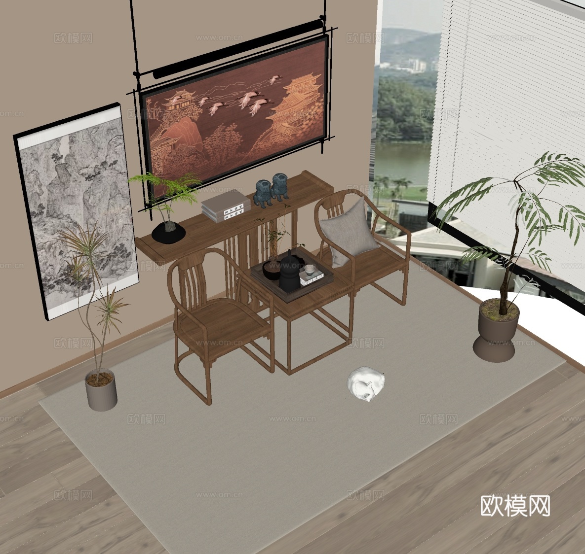 新中式禅意挂画 山水画 花鸟国画 书房挂画 办公室挂画 办公su模型