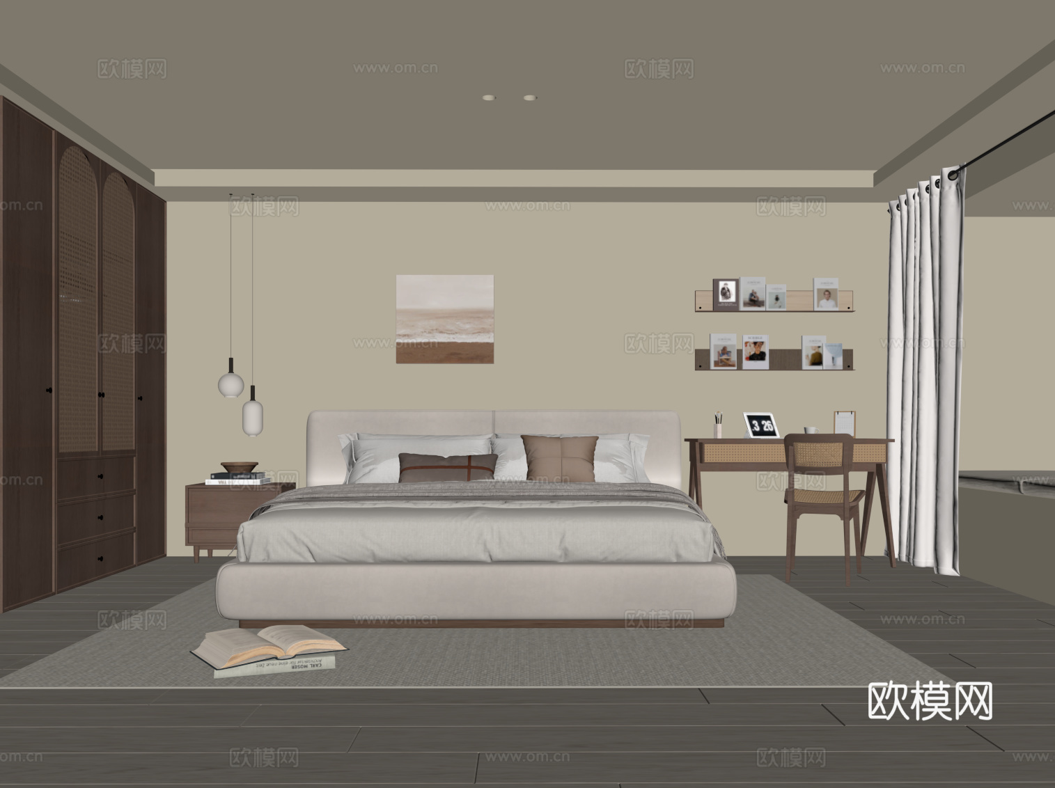 中古风卧室 双人床 衣柜 书桌椅su模型