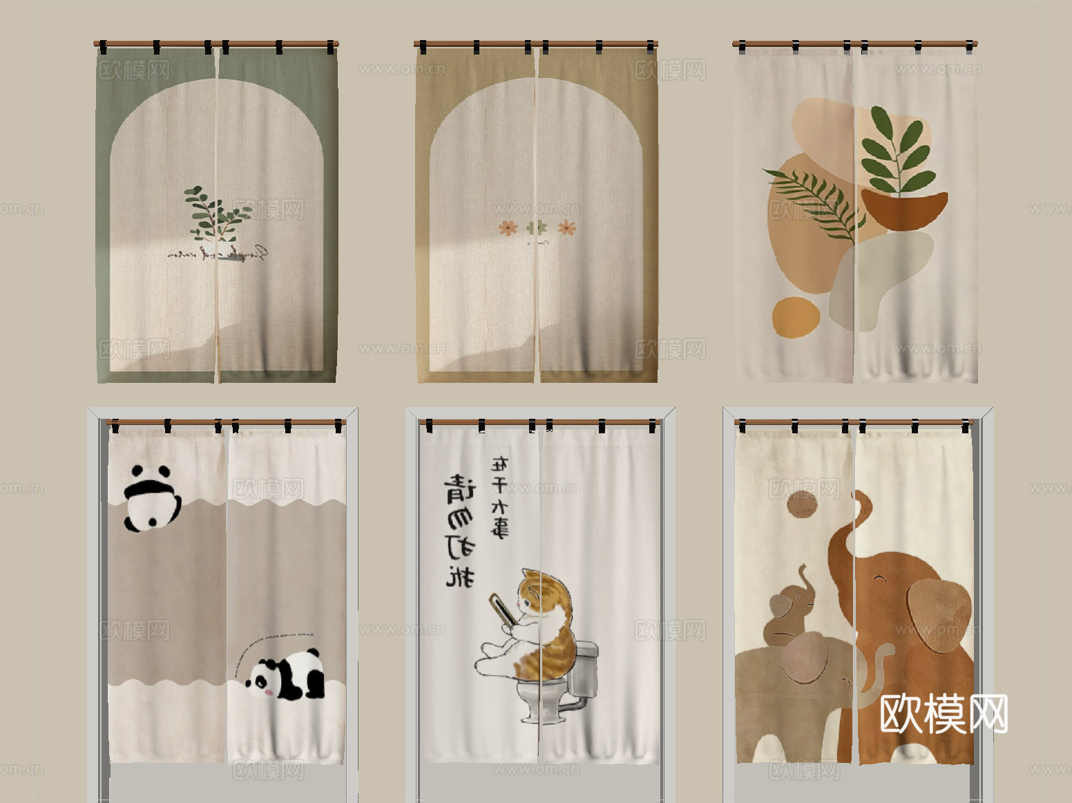 现代窗帘 门帘 布帘 动物图案门帘su模型