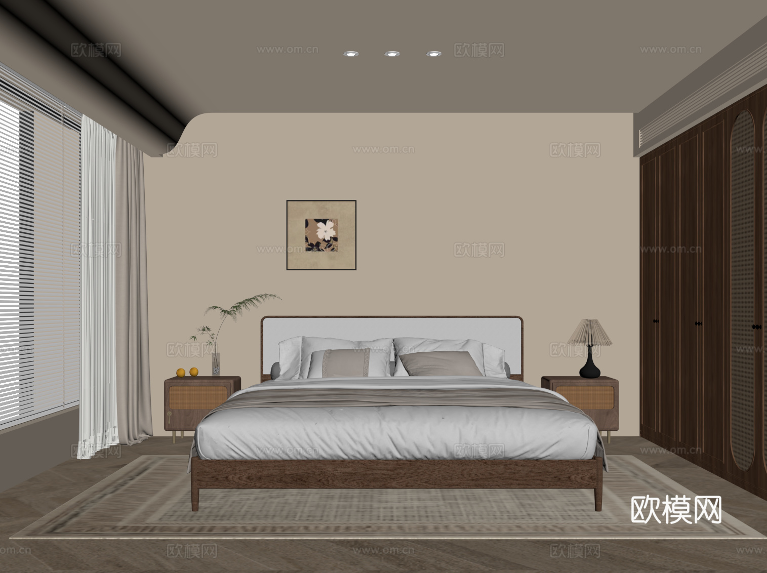 中古风卧室 双人床 衣柜su模型