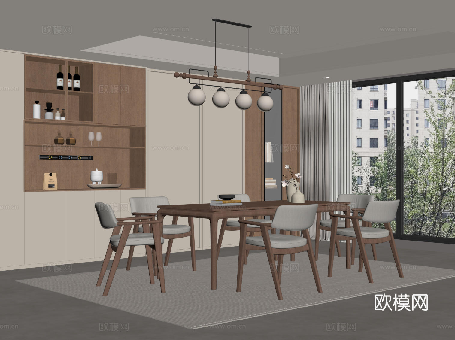 中古风餐厅 餐桌椅 酒柜su模型