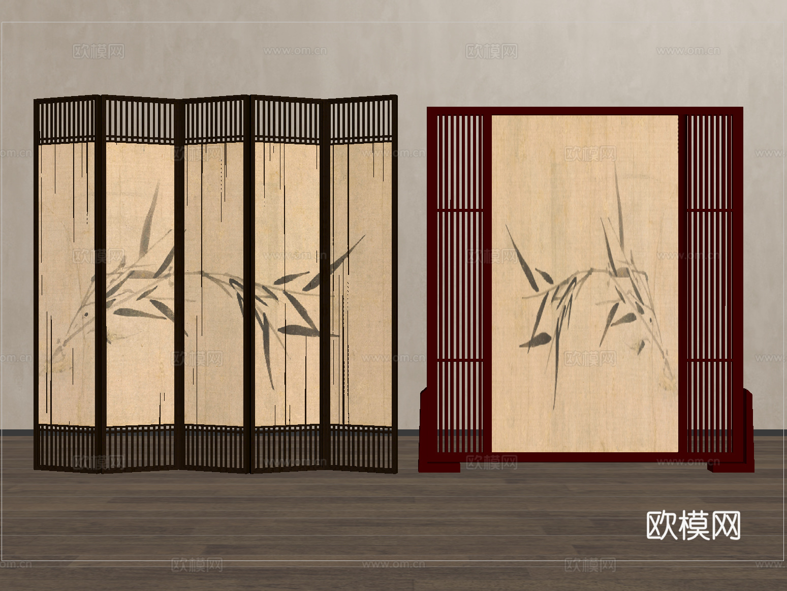 新中式屏风隔断 水墨屏风 可折叠屏风su模型