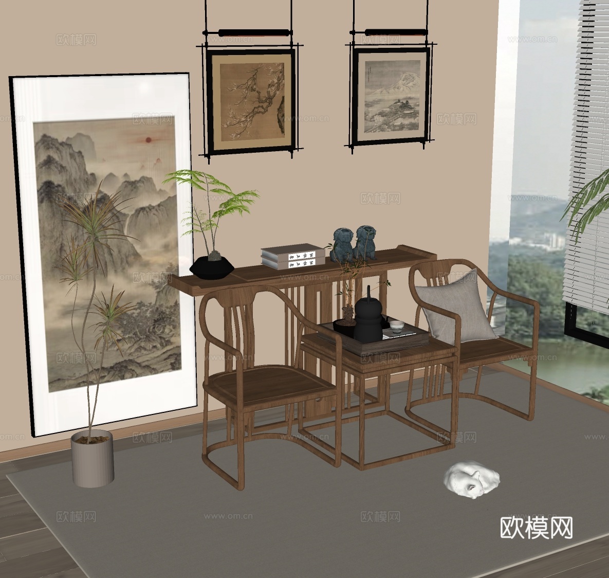 新中式禅意挂画 山水画 花鸟国画 书房挂画 办公室挂画 办公su模型