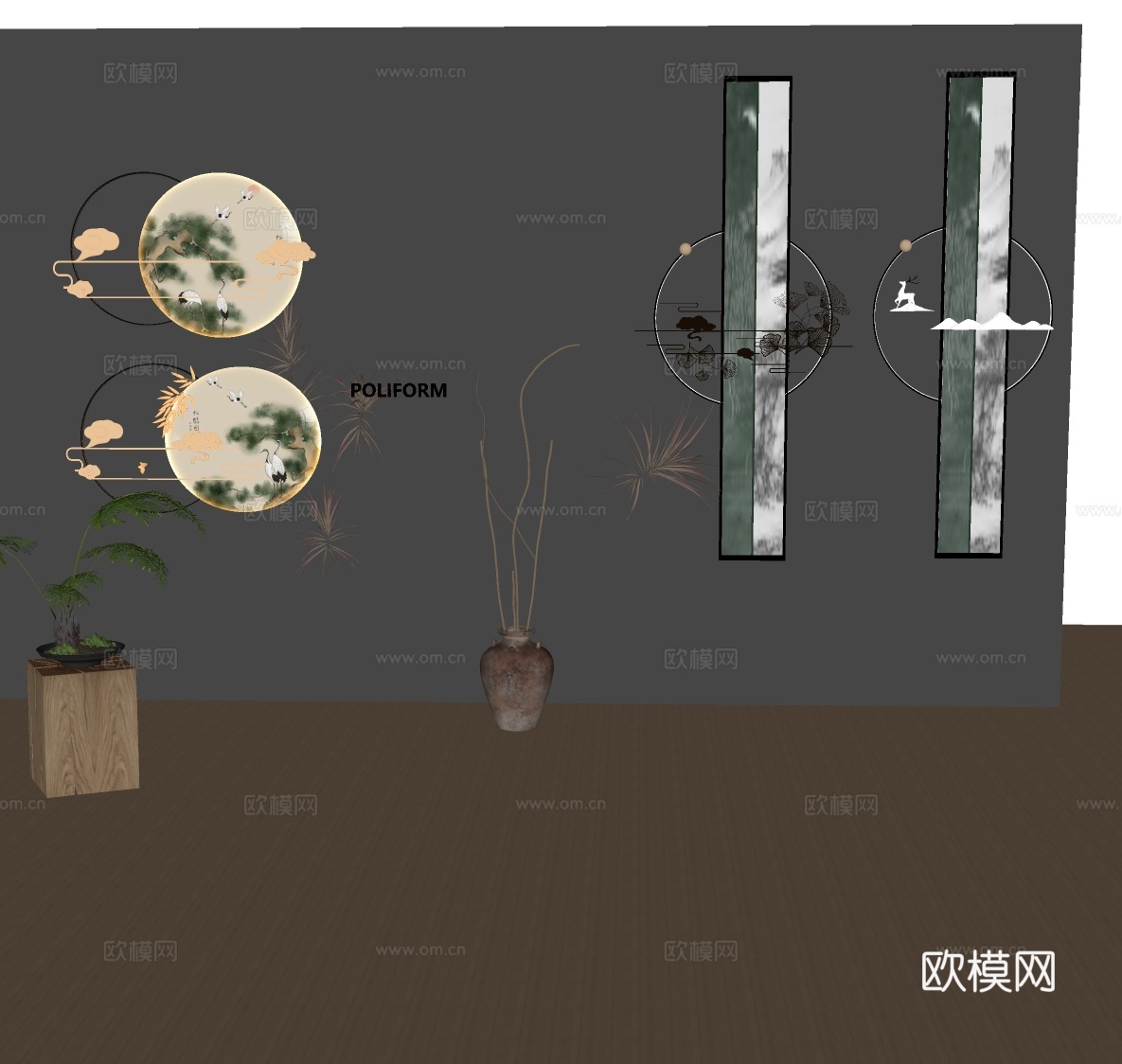 新中式禅意挂画 山水画 花鸟国画 书房挂画 办公室挂画 办公su模型
