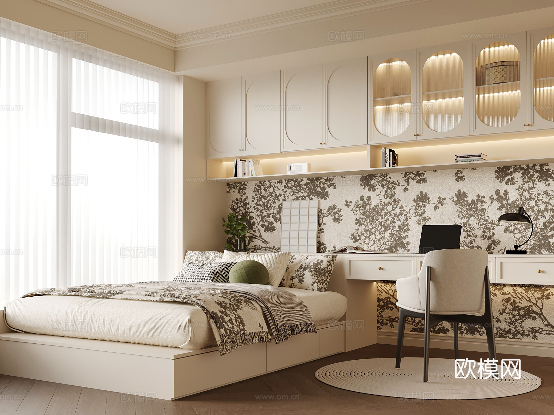法式榻榻米卧室 双人床 书桌柜su模型