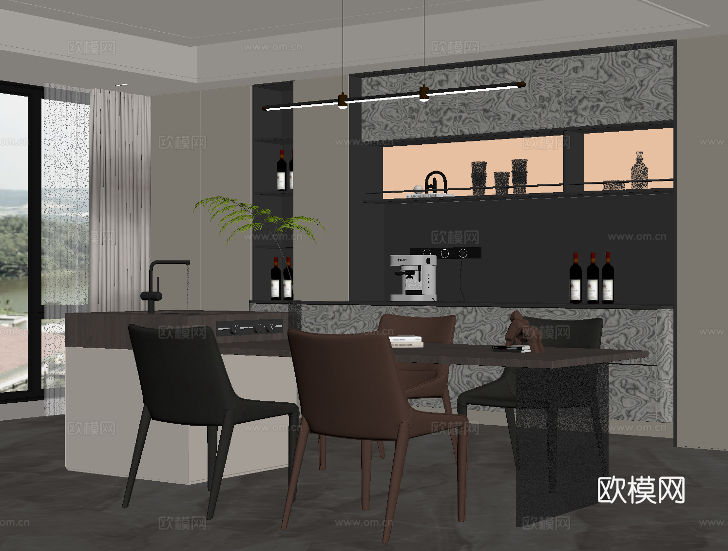 现代餐厅 酒柜 餐桌椅su模型