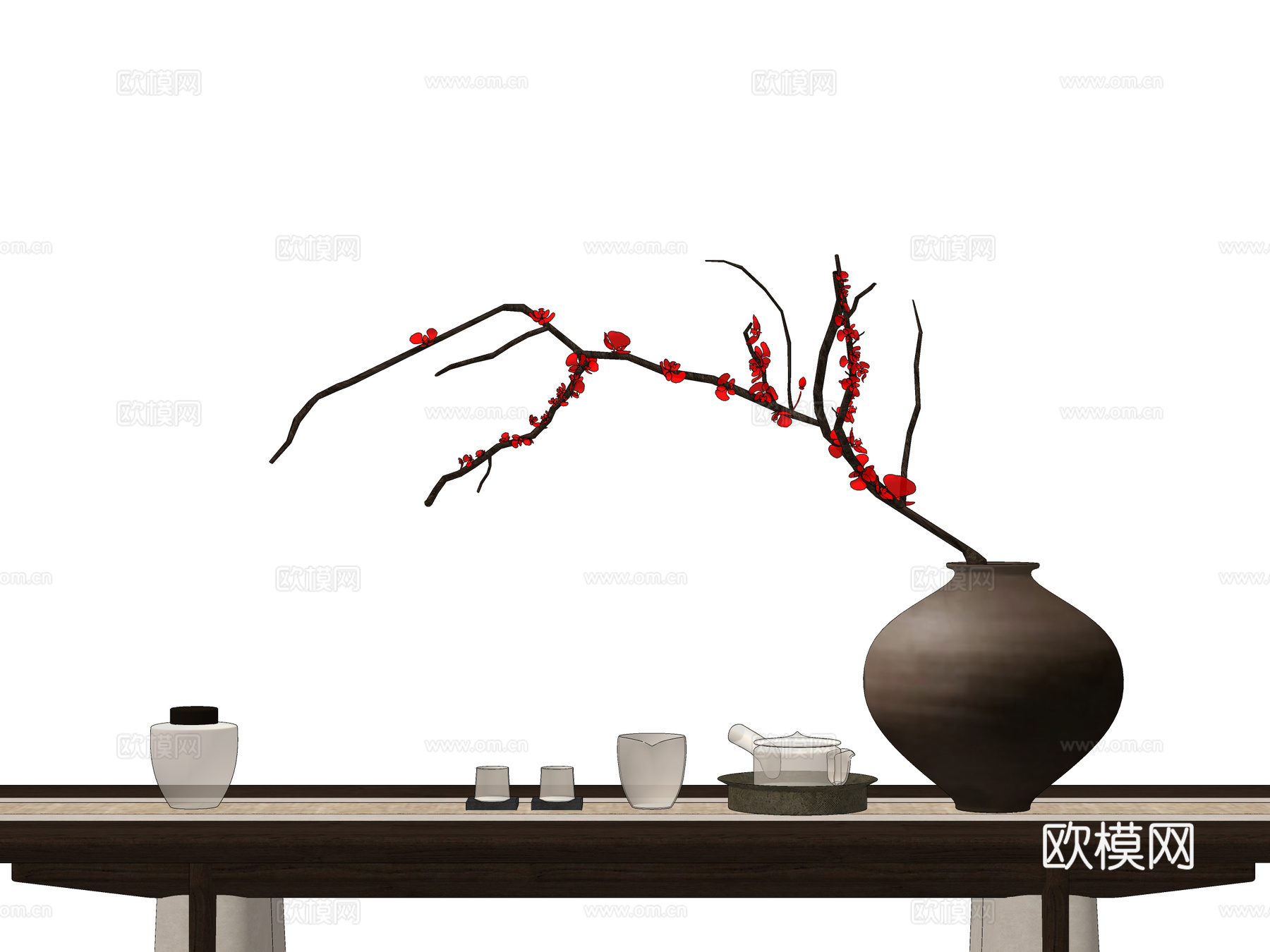 新中式茶具花艺摆件su模型