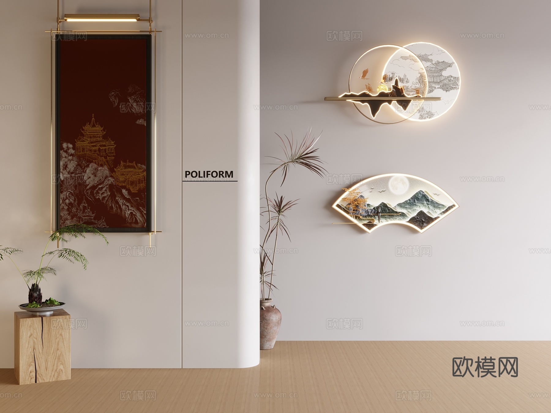 新中式禅意挂画 山水画 花鸟国画 书房挂画 办公室挂画 办公su模型