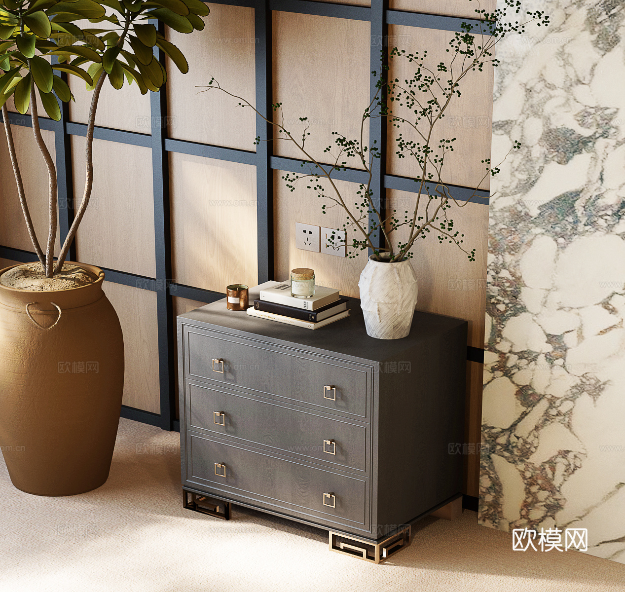 新中式玄关柜 新中式边柜 宋氏边柜 宋氏玄关柜su模型